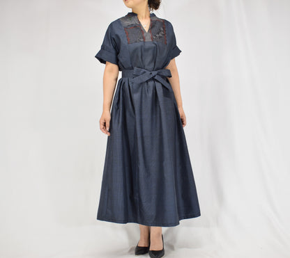 Split-Neck Long Dress, Navy Geometric and Botanical Motifs, Upcycled Kimono Fabric