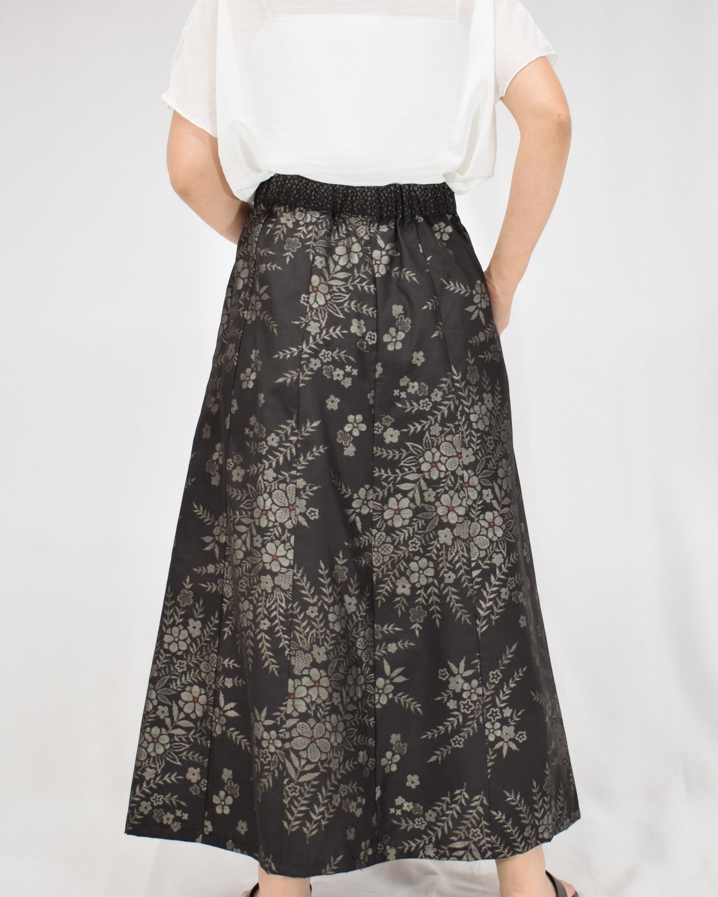 Six-Panel Skirt, Black Floral Motif, Upcycled Kimono Fabric