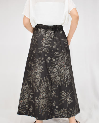 Six-Panel Skirt, Black Floral Motif, Upcycled Kimono Fabric