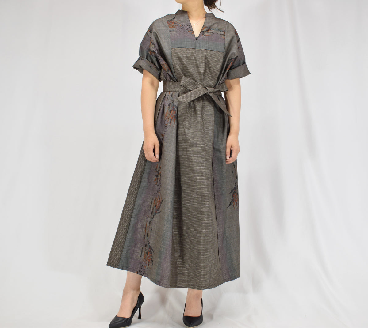 Split-Neck Long Dress, Gray Botanical Motif, Upcycled Kimono Fabric