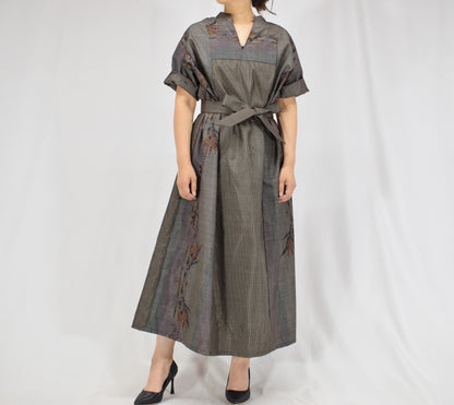 Split-Neck Long Dress, Gray Botanical Motif, Upcycled Kimono Fabric