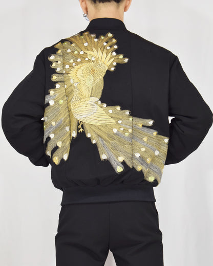 MA-1 Jacket, Black Peacock Motifs, Upcycled Kimono Fabric