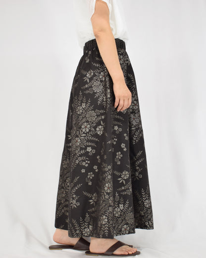 Six-Panel Skirt, Black Floral Motif, Upcycled Kimono Fabric
