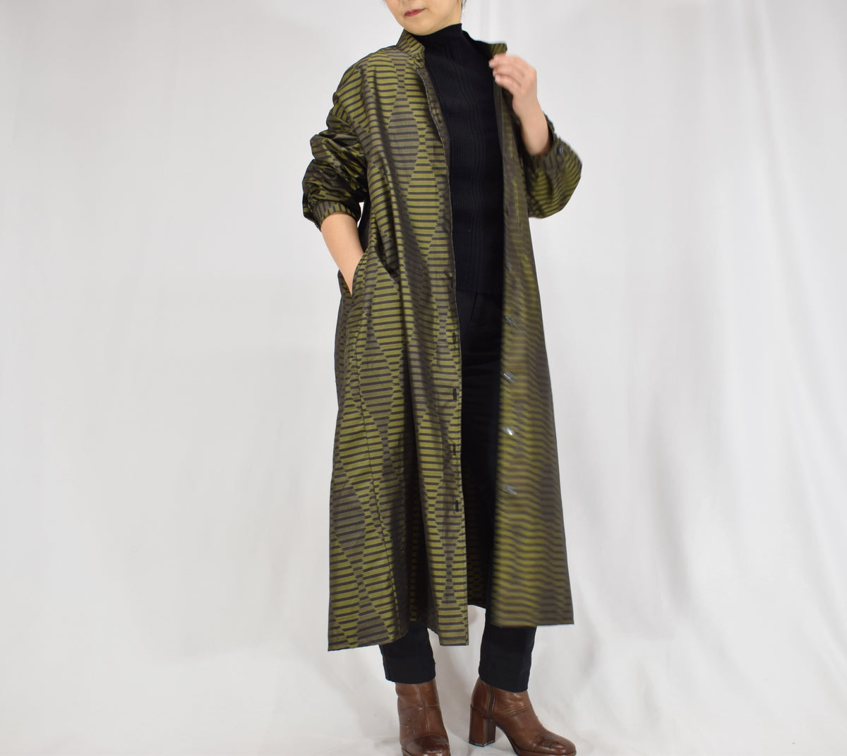 カーキ 幾何学縞文様 ロングシャツワンピース 着物リメイク 一点物
