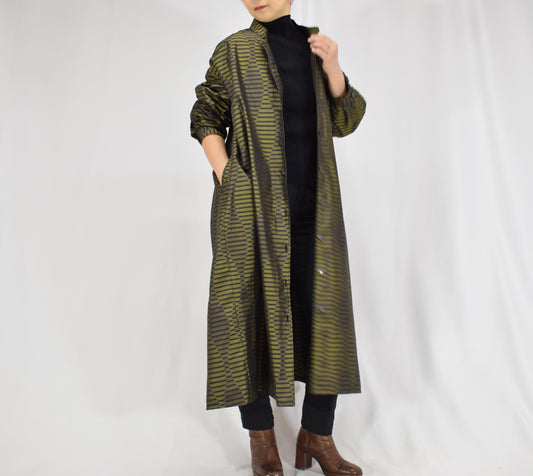 カーキ 幾何学縞文様 ロングシャツワンピース 着物リメイク 一点物