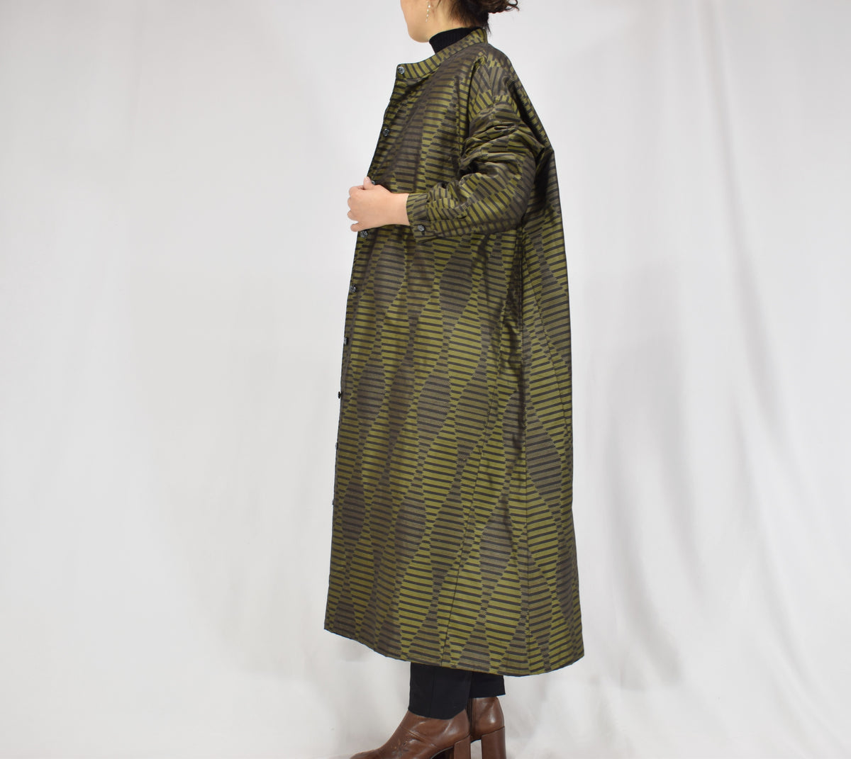 カーキ 幾何学縞文様 ロングシャツワンピース 着物リメイク 一点物