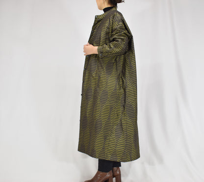 カーキ 幾何学縞文様 ロングシャツワンピース 着物リメイク 一点物