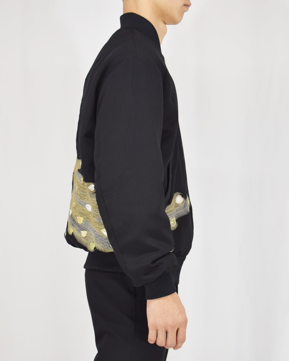 MA-1 Jacket, Black Peacock Motifs, Upcycled Kimono Fabric