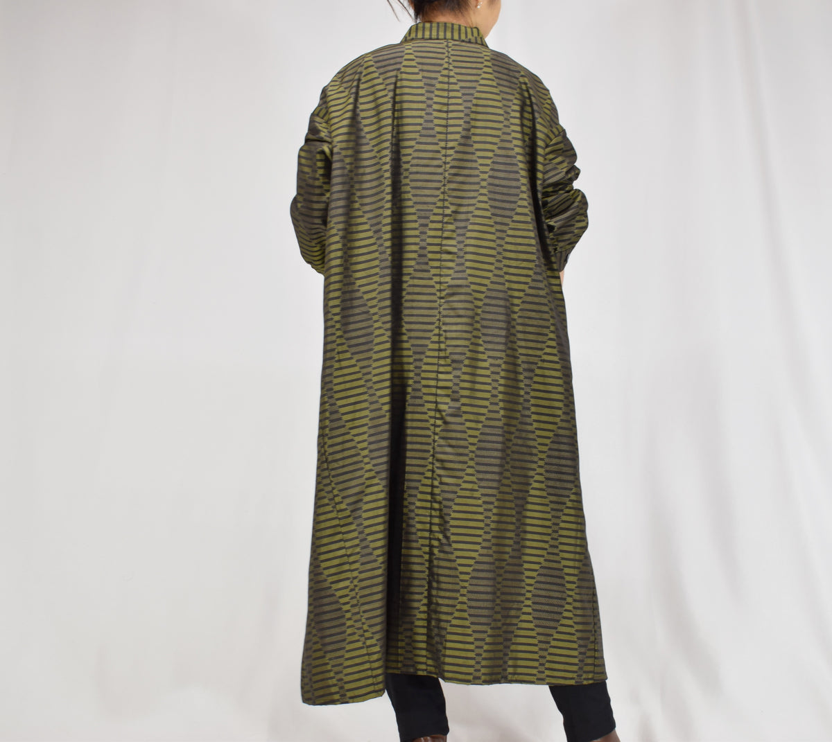カーキ 幾何学縞文様 ロングシャツワンピース 着物リメイク 一点物