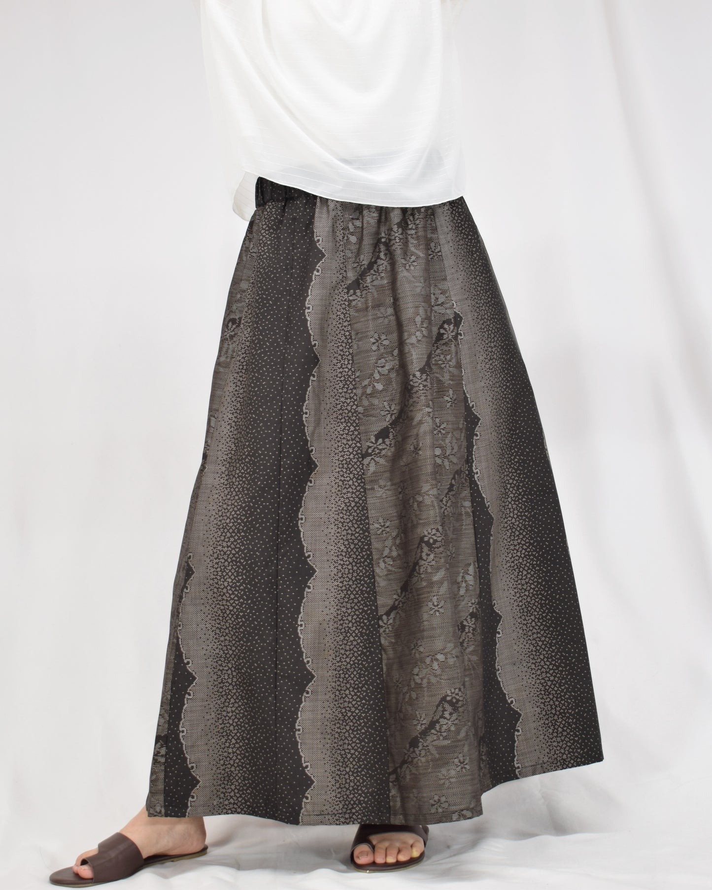 Six-Panel Skirt, Black and Gray Geometric and Botanical Motif, Upcycled Kimono Fabric