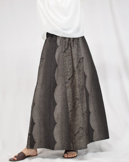 Six-Panel Skirt, Black and Gray Geometric and Botanical Motif, Upcycled Kimono Fabric