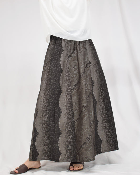Six-Panel Skirt, Black and Gray Geometric and Botanical Motif, Upcycled Kimono Fabric