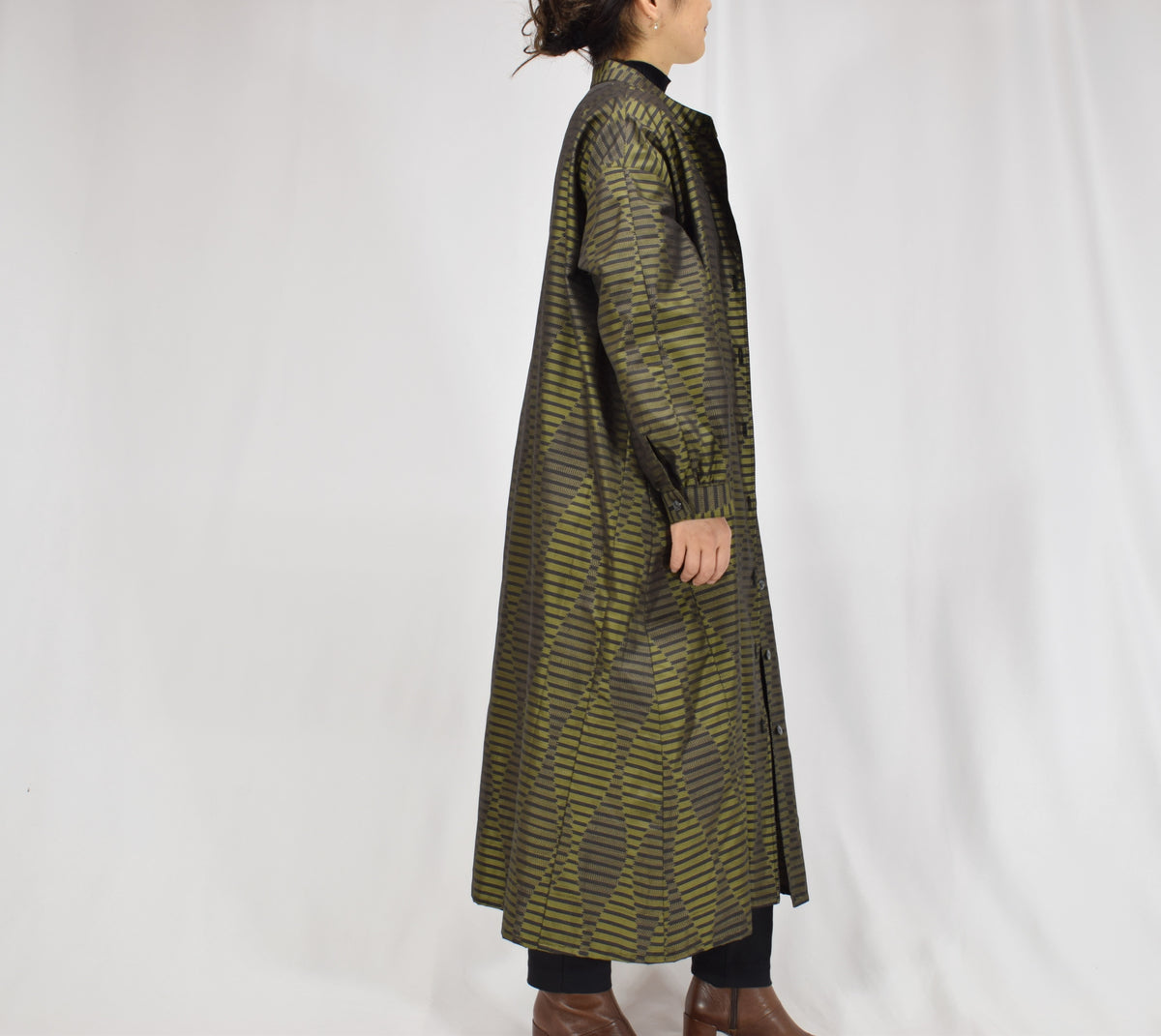 カーキ 幾何学縞文様 ロングシャツワンピース 着物リメイク 一点物