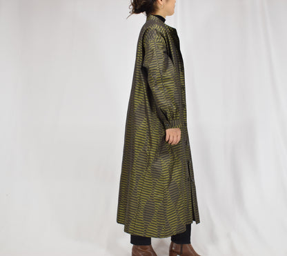 カーキ 幾何学縞文様 ロングシャツワンピース 着物リメイク 一点物