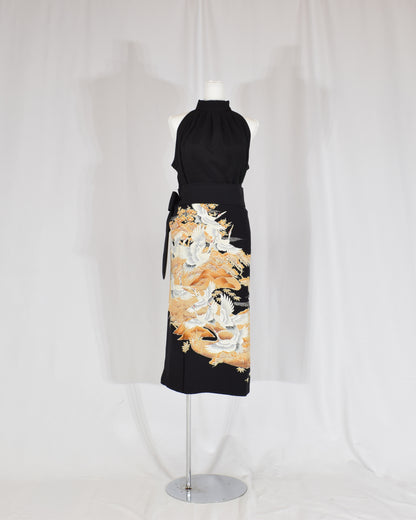 Wrap Skirt — Black Upcycled Kimono Fabric with Crane Motif