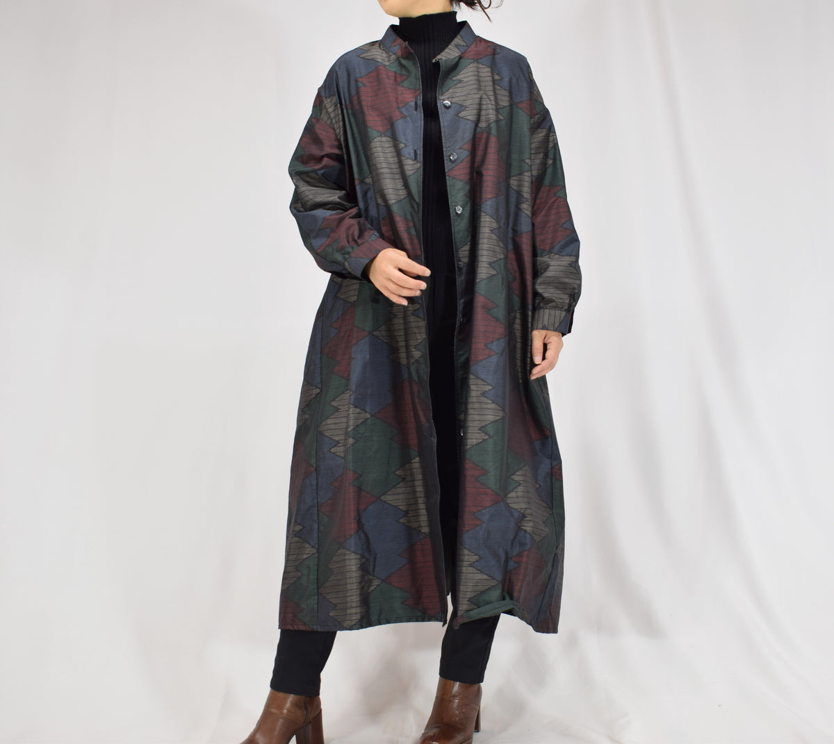 Long Shirt Dress, Navy Multicolor Geometric Motif, Upcycled Kimono Fabric
