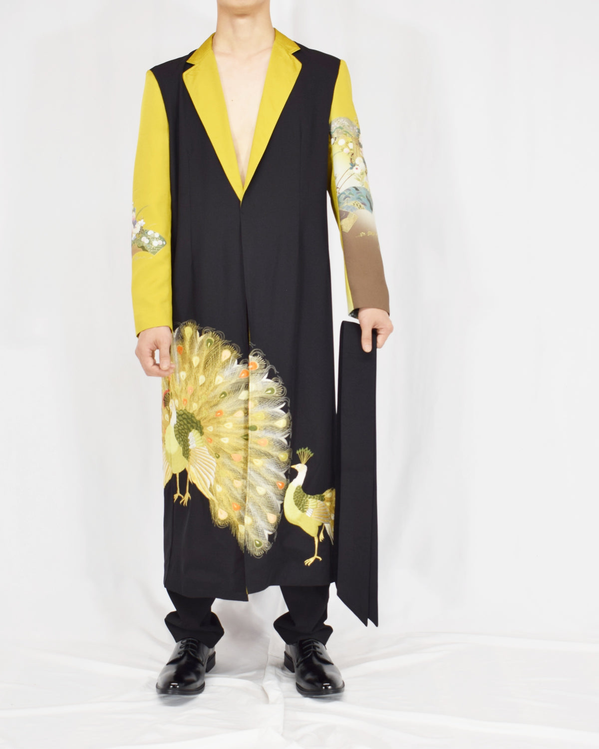 Belted Long Coat, Black and Yellow Peacock Motifs, Upcycled Kimono Fabric