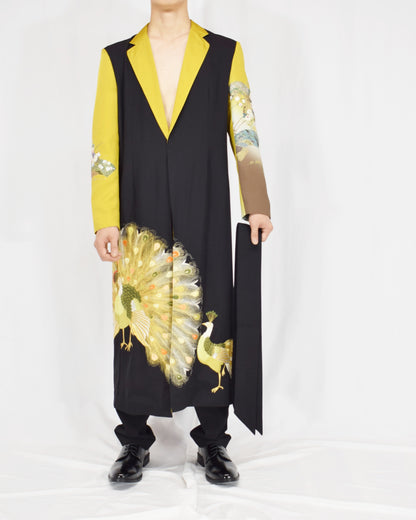 Belted Long Coat, Black and Yellow Peacock Motifs, Upcycled Kimono Fabric