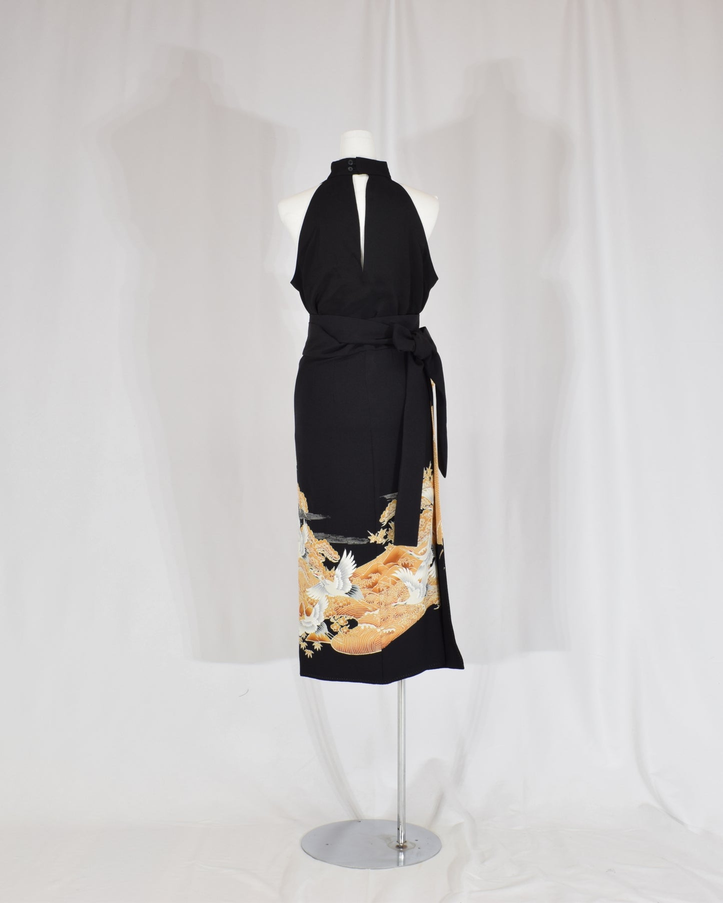 Wrap Skirt — Black Upcycled Kimono Fabric with Crane Motif