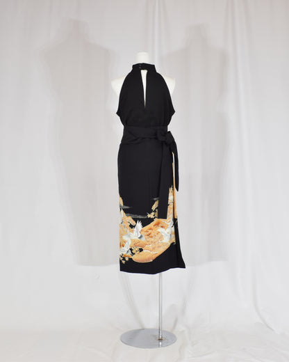 Wrap Skirt — Black Upcycled Kimono Fabric with Crane Motif