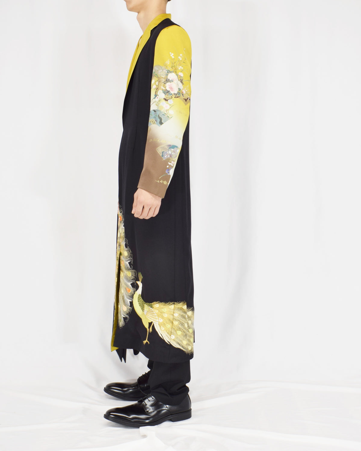 Belted Long Coat, Black and Yellow Peacock Motifs, Upcycled Kimono Fabric