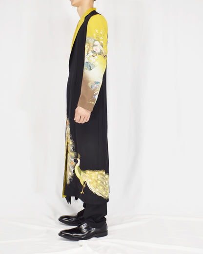 Belted Long Coat, Black and Yellow Peacock Motifs, Upcycled Kimono Fabric