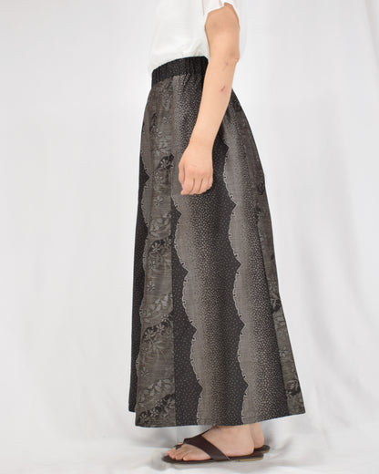 Six-Panel Skirt, Black and Gray Geometric and Botanical Motif, Upcycled Kimono Fabric