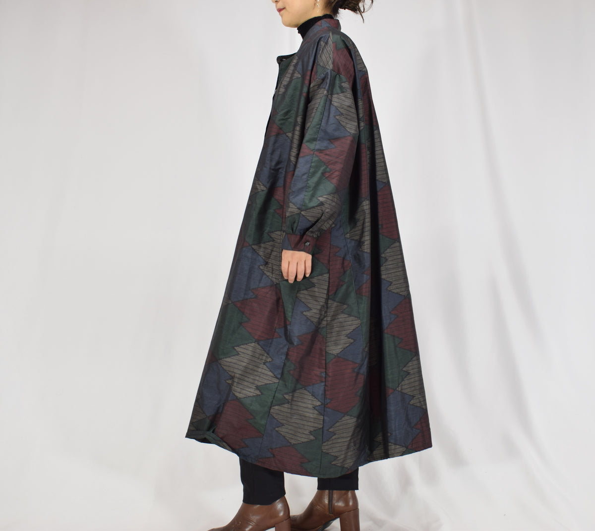 Long Shirt Dress, Navy Multicolor Geometric Motif, Upcycled Kimono Fabric