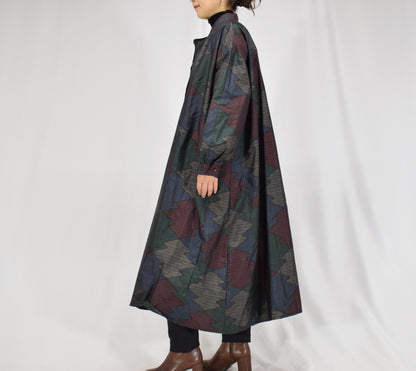 Long Shirt Dress, Navy Multicolor Geometric Motif, Upcycled Kimono Fabric