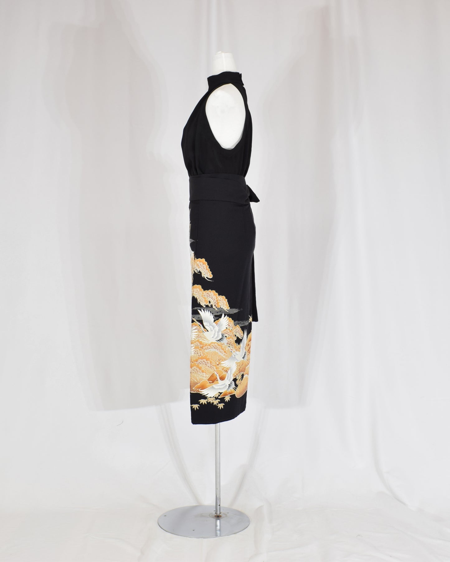 Wrap Skirt — Black Upcycled Kimono Fabric with Crane Motif