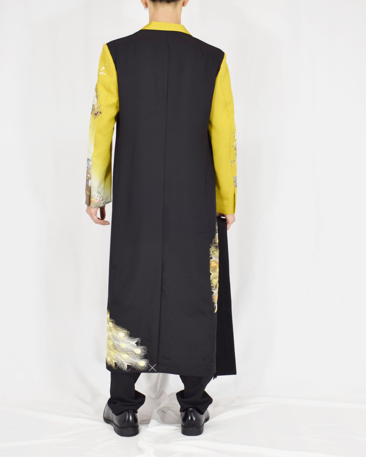 Belted Long Coat, Black and Yellow Peacock Motifs, Upcycled Kimono Fabric