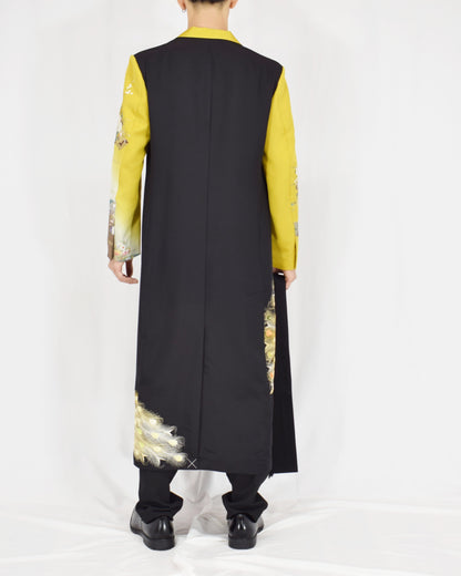 Belted Long Coat, Black and Yellow Peacock Motifs, Upcycled Kimono Fabric