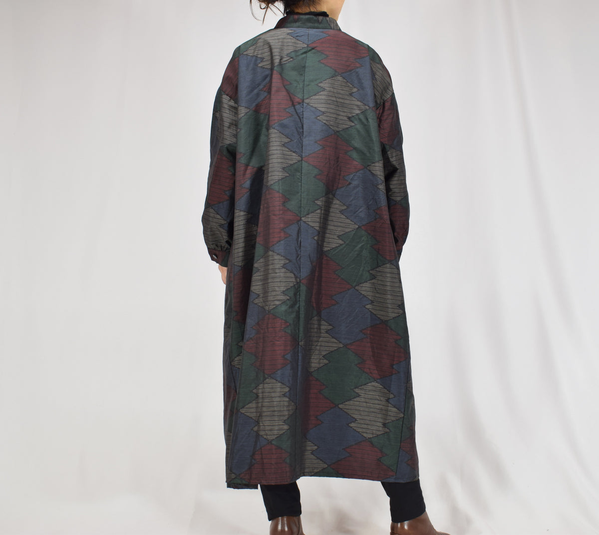 Long Shirt Dress, Navy Multicolor Geometric Motif, Upcycled Kimono Fabric