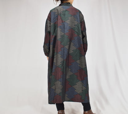 Long Shirt Dress, Navy Multicolor Geometric Motif, Upcycled Kimono Fabric