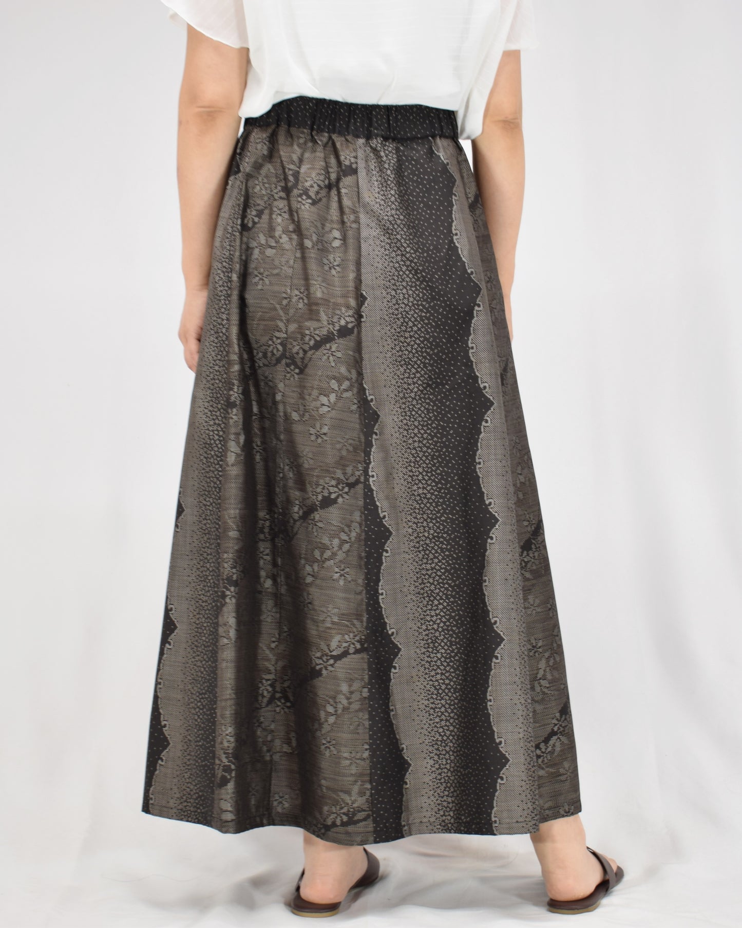 Six-Panel Skirt, Black and Gray Geometric and Botanical Motif, Upcycled Kimono Fabric