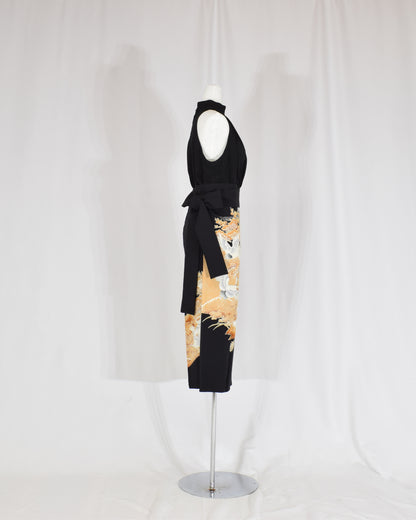 Wrap Skirt — Black Upcycled Kimono Fabric with Crane Motif