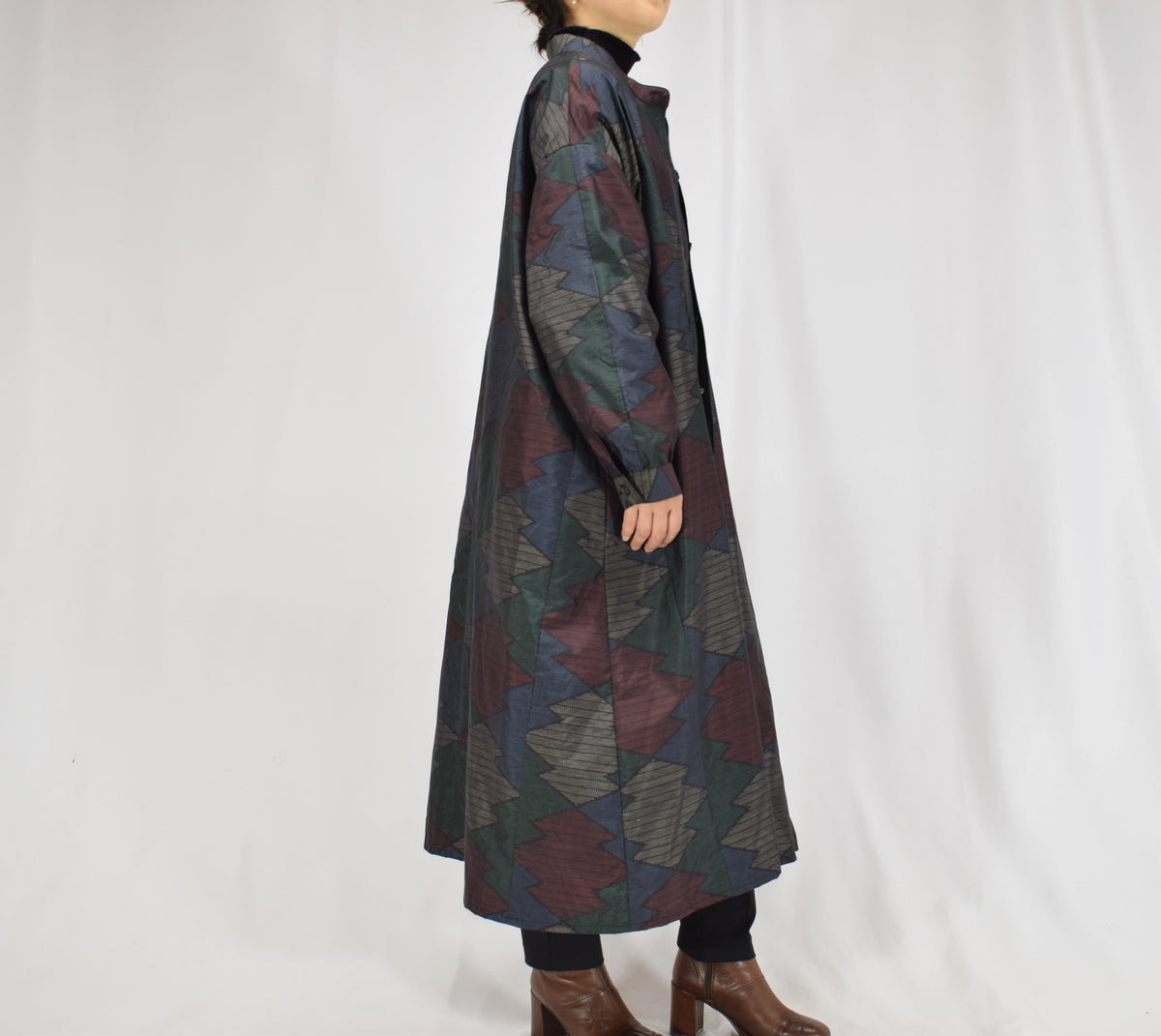 Long Shirt Dress, Navy Multicolor Geometric Motif, Upcycled Kimono Fabric