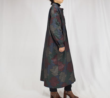Long Shirt Dress, Navy Multicolor Geometric Motif, Upcycled Kimono Fabric