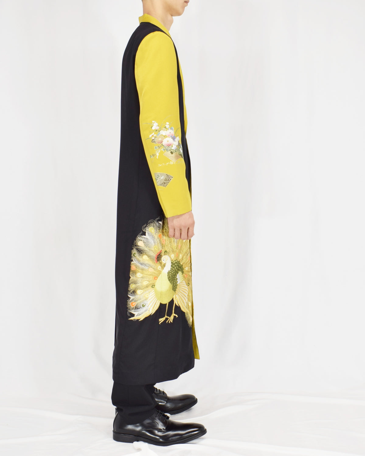 Belted Long Coat, Black and Yellow Peacock Motifs, Upcycled Kimono Fabric