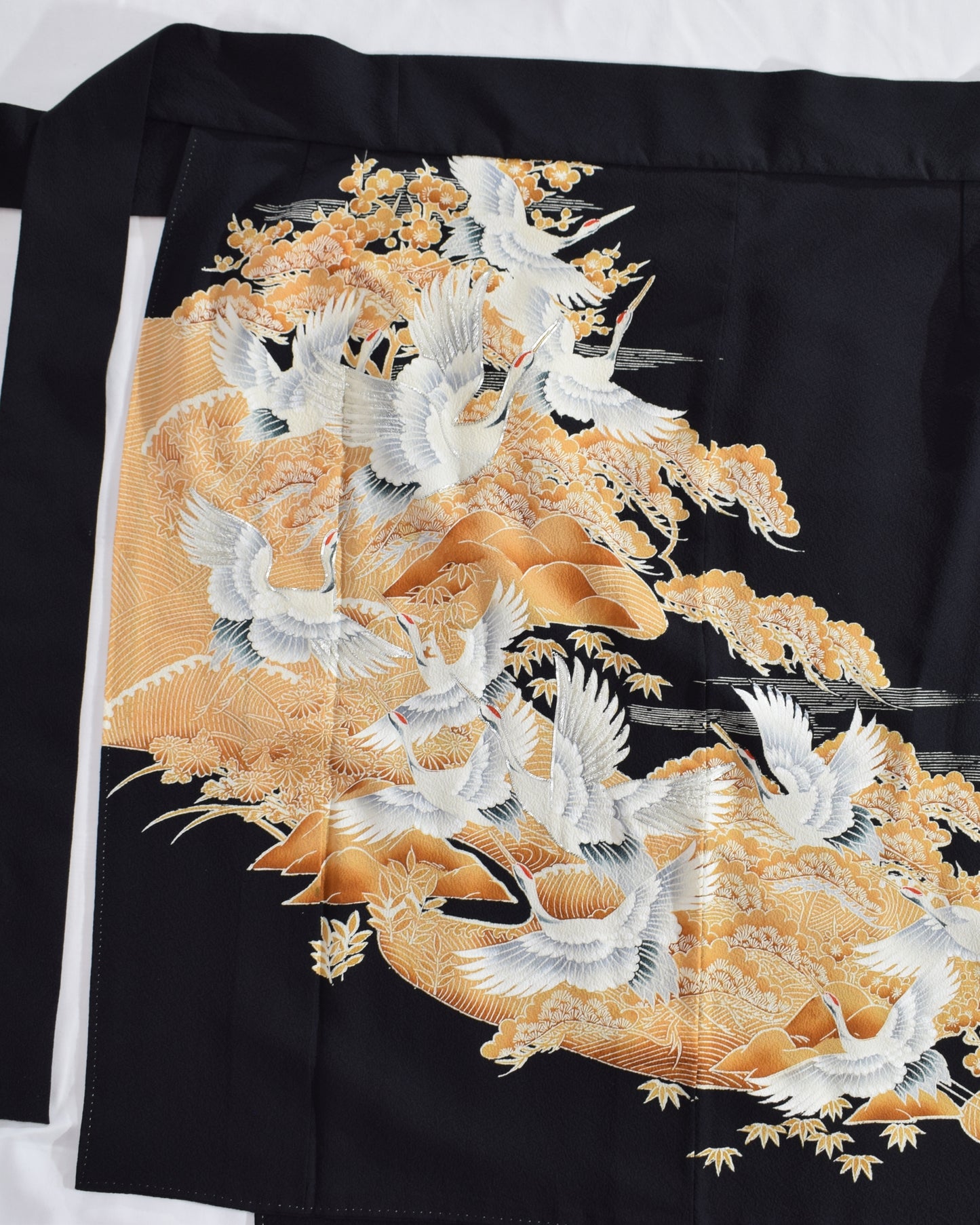 Wrap Skirt — Black Upcycled Kimono Fabric with Crane Motif