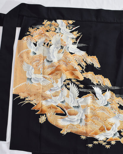 Wrap Skirt — Black Upcycled Kimono Fabric with Crane Motif