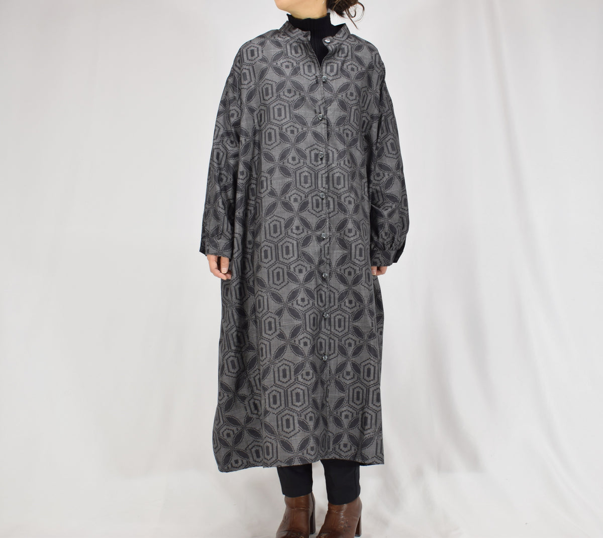 Long Shirt Dress, Gray Hexagonal Geometric Motif, Upcycled Kimono Fabric