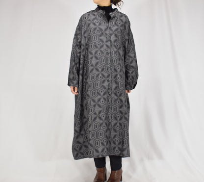 Long Shirt Dress, Gray Hexagonal Geometric Motif, Upcycled Kimono Fabric