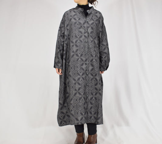 Long Shirt Dress, Gray Hexagonal Geometric Motif, Upcycled Kimono Fabric