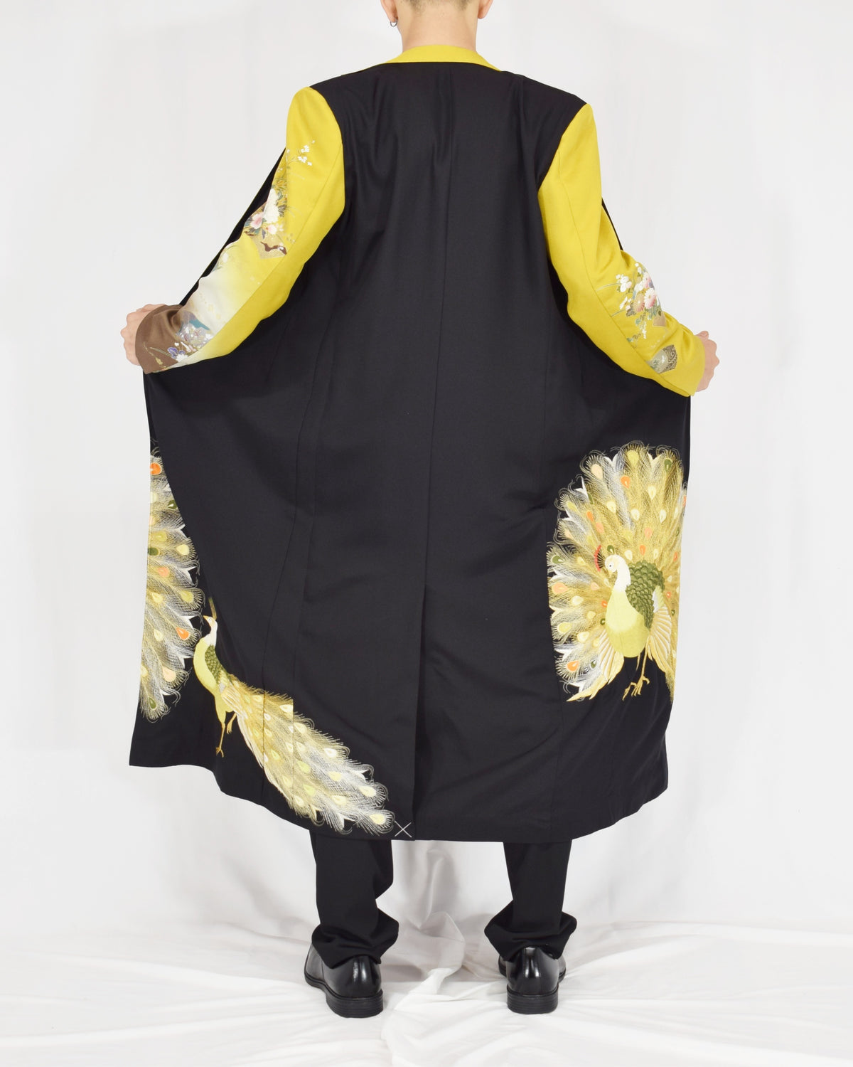 Belted Long Coat, Black and Yellow Peacock Motifs, Upcycled Kimono Fabric