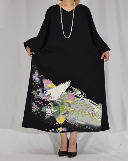 瑞鳥草花文様 留袖ワンピース 黒留袖リメイク 一点物