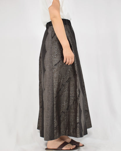 Six-Panel Skirt, Black and Gray Geometric and Botanical Motif, Upcycled Kimono Fabric