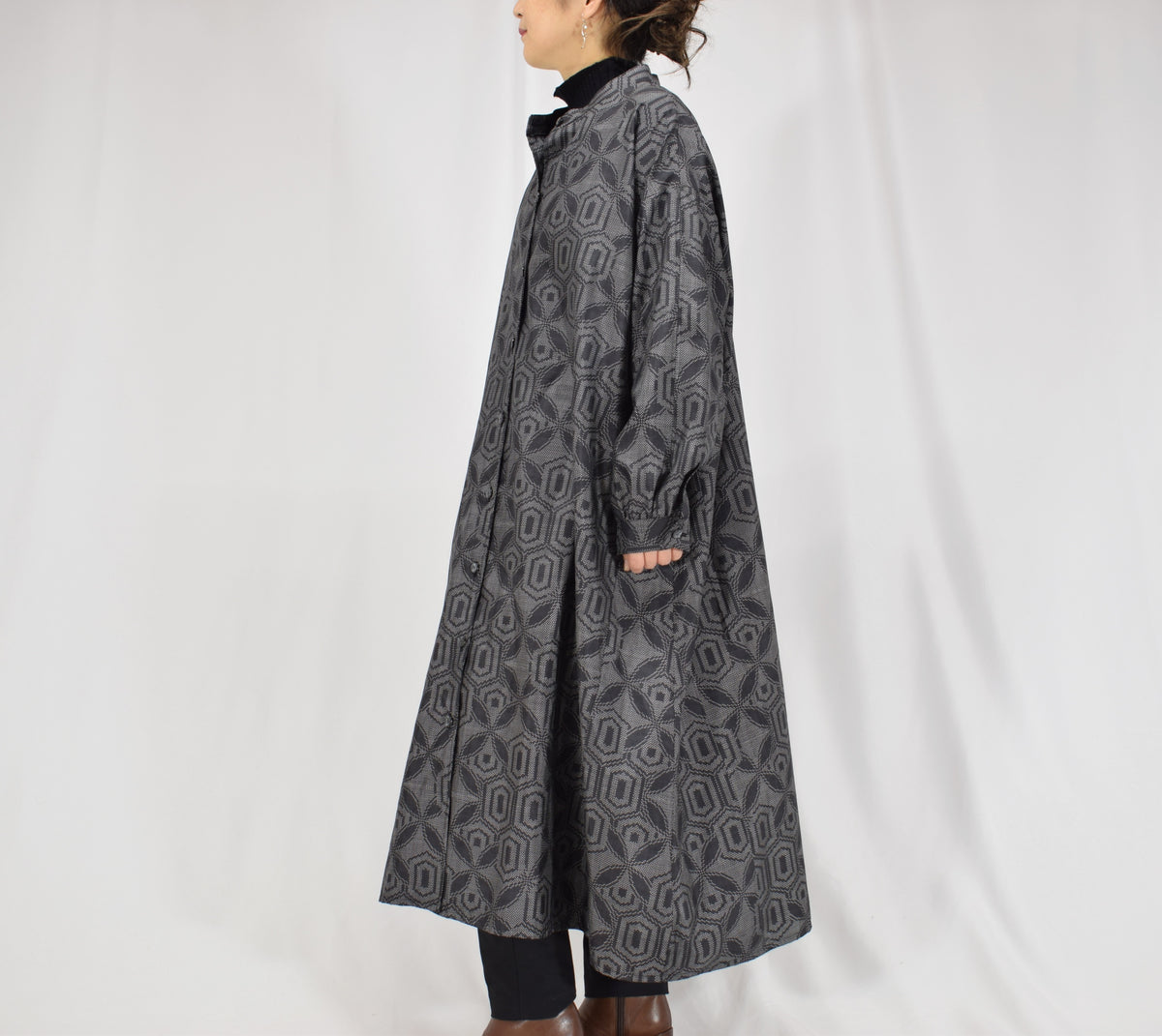 Long Shirt Dress, Gray Hexagonal Geometric Motif, Upcycled Kimono Fabric