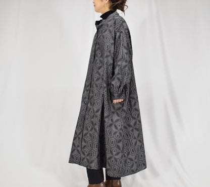 Long Shirt Dress, Gray Hexagonal Geometric Motif, Upcycled Kimono Fabric