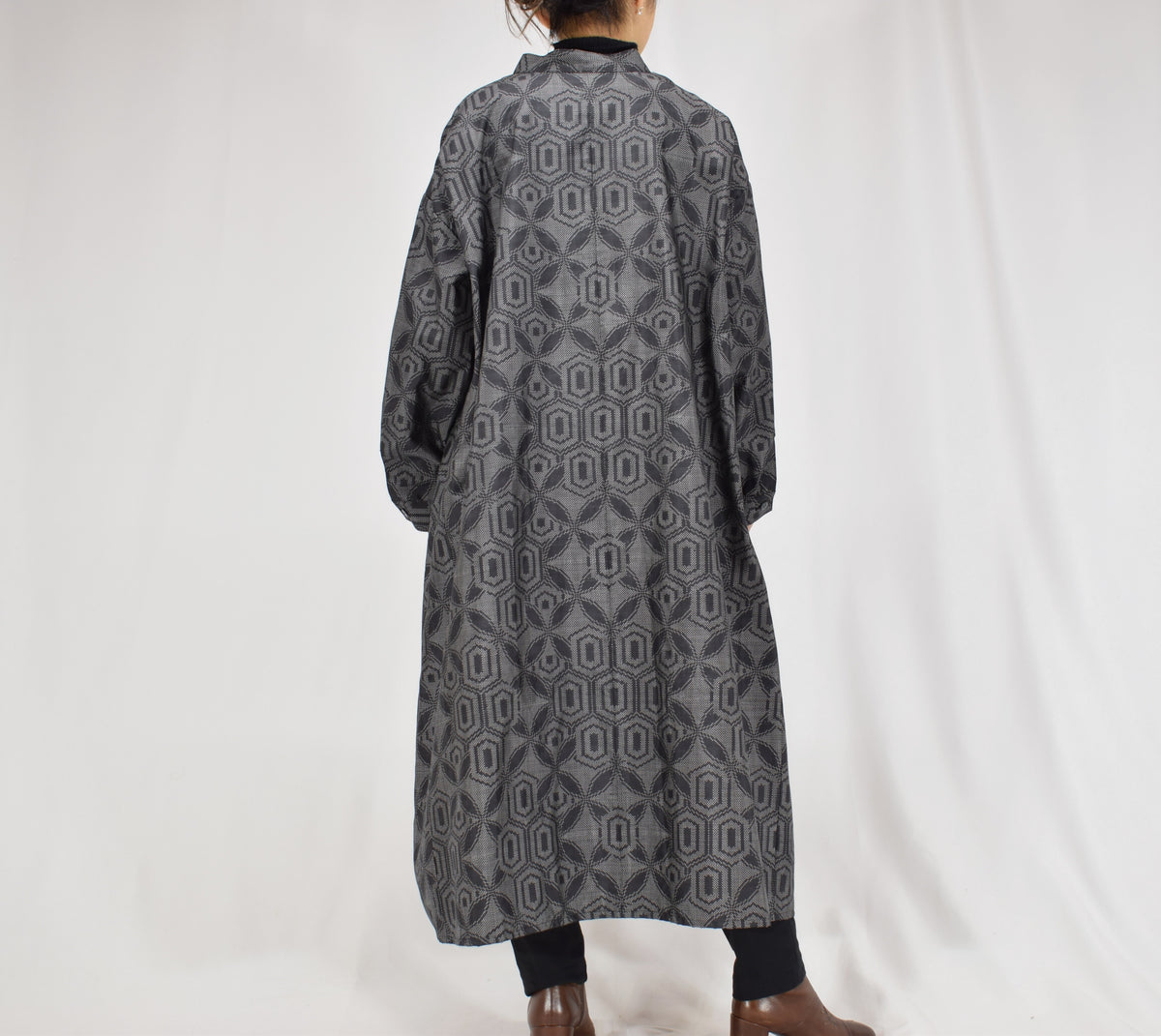 Long Shirt Dress, Gray Hexagonal Geometric Motif, Upcycled Kimono Fabric